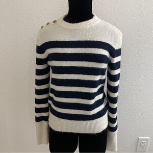 Zara Wool Navy Cream Stripe Sweater with Gold Button Detail
